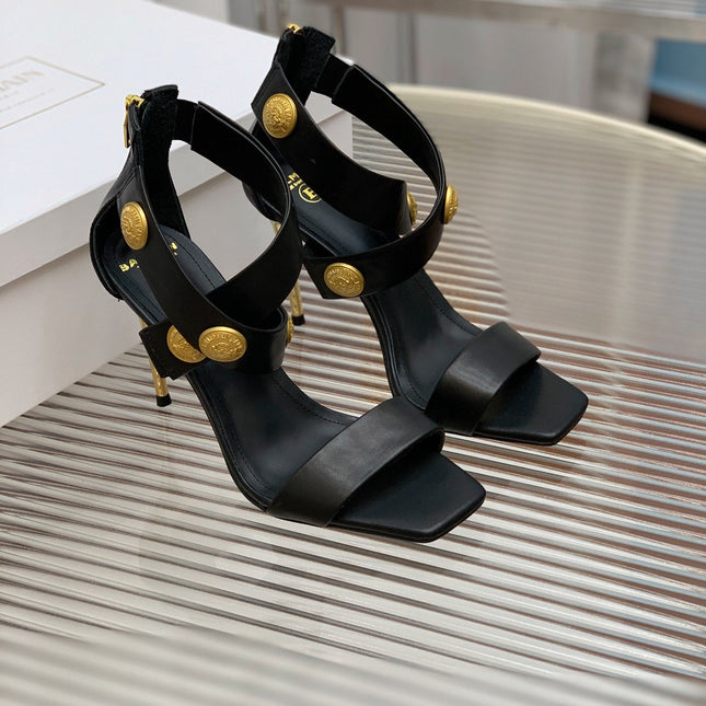 BALMAIN 25S CROSSOVER STRAP HIGH HEELS 95MM IN BLACK CALFSKIN