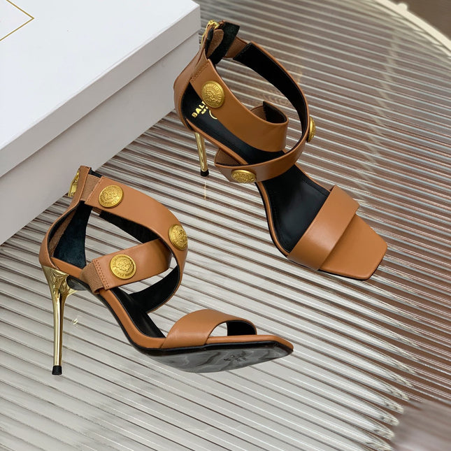 BALMAIN 25S CROSSOVER STRAP HIGH HEELS 95MM IN BROWN CALFSKIN
