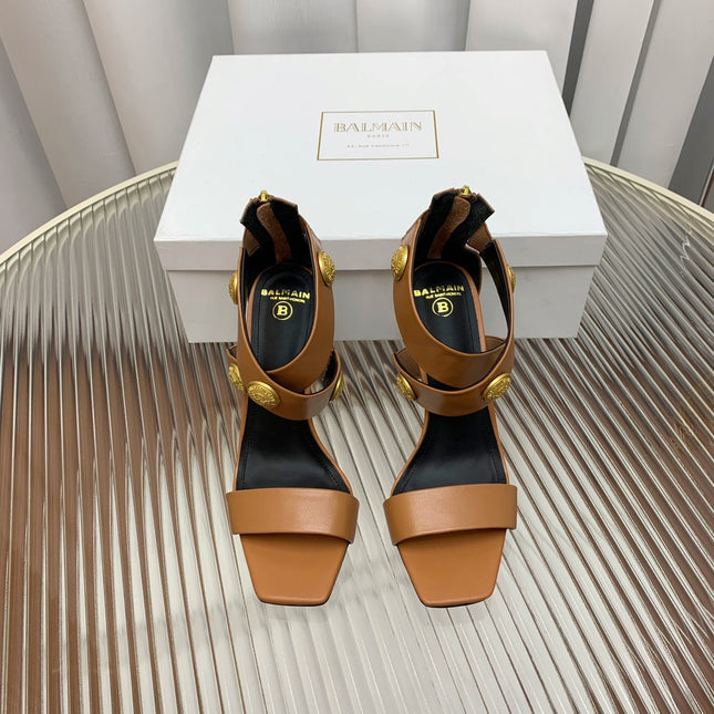 BALMAIN 25S CROSSOVER STRAP HIGH HEELS 95MM IN BROWN CALFSKIN