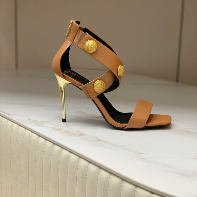 BALMAIN 25S CROSSOVER STRAP HIGH HEELS 95MM IN BROWN CALFSKIN