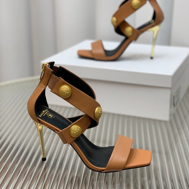 BALMAIN 25S CROSSOVER STRAP HIGH HEELS 95MM IN BROWN CALFSKIN