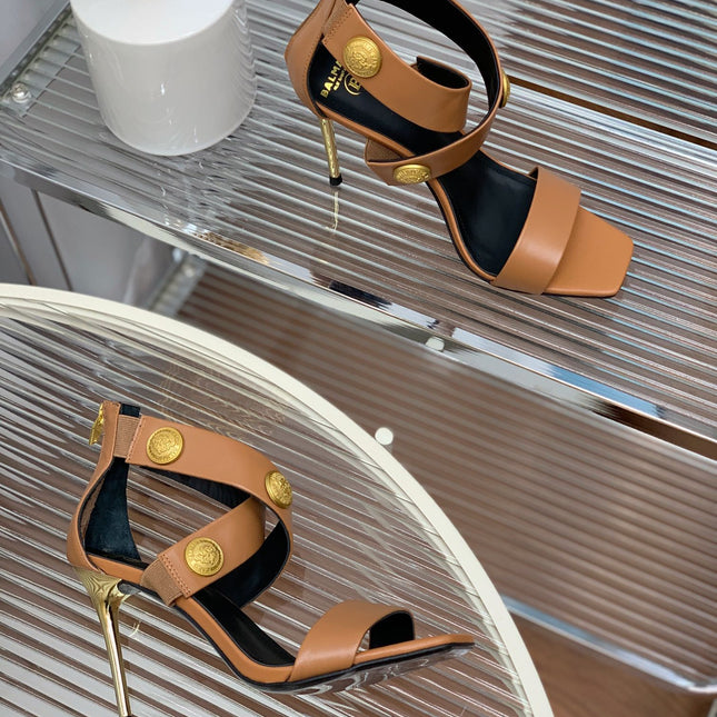 BALMAIN 25S CROSSOVER STRAP HIGH HEELS 95MM IN BROWN CALFSKIN