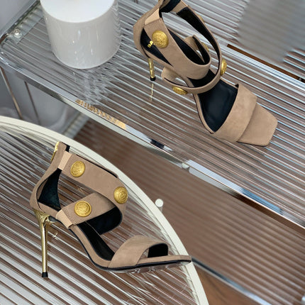 BALMAIN 25S CROSSOVER STRAP HIGH HEELS 95MM IN LIGHT BROWN SUEDE