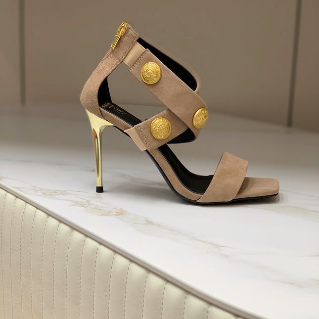 BALMAIN 25S CROSSOVER STRAP HIGH HEELS 95MM IN LIGHT BROWN SUEDE