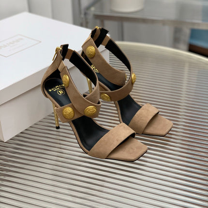 BALMAIN 25S CROSSOVER STRAP HIGH HEELS 95MM IN LIGHT BROWN SUEDE