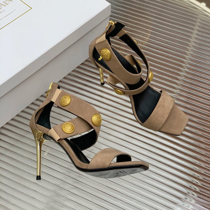 BALMAIN 25S CROSSOVER STRAP HIGH HEELS 95MM IN LIGHT BROWN SUEDE