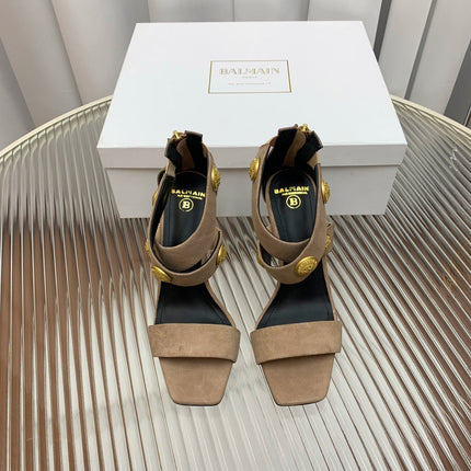 BALMAIN 25S CROSSOVER STRAP HIGH HEELS 95MM IN LIGHT BROWN SUEDE