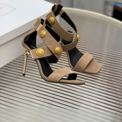 BALMAIN 25S CROSSOVER STRAP HIGH HEELS 95MM IN LIGHT BROWN SUEDE