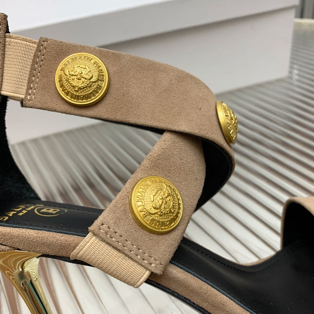 BALMAIN 25S CROSSOVER STRAP HIGH HEELS 95MM IN LIGHT BROWN SUEDE