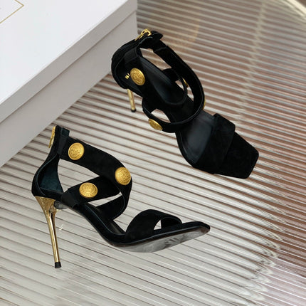 BALMAIN 25S CROSSOVER STRAP HIGH HEELS 95MM IN BLACK SUEDE