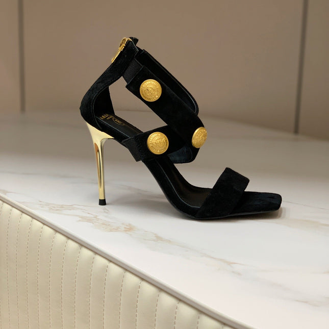 BALMAIN 25S CROSSOVER STRAP HIGH HEELS 95MM IN BLACK SUEDE