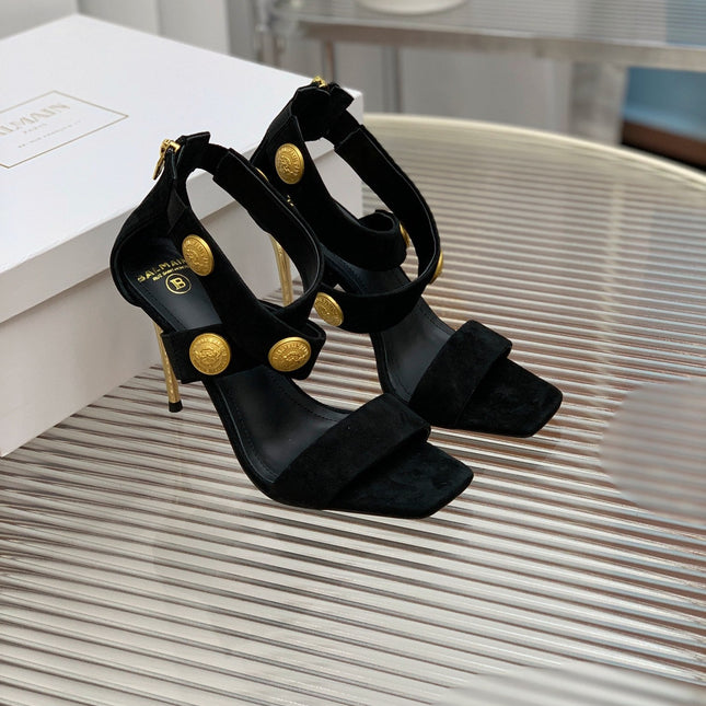 BALMAIN 25S CROSSOVER STRAP HIGH HEELS 95MM IN BLACK SUEDE