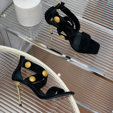 BALMAIN 25S CROSSOVER STRAP HIGH HEELS 95MM IN BLACK SUEDE