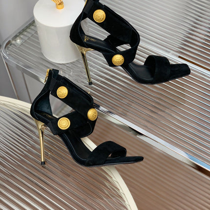 BALMAIN 25S CROSSOVER STRAP HIGH HEELS 95MM IN BLACK SUEDE