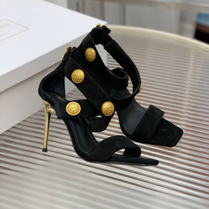BALMAIN 25S CROSSOVER STRAP HIGH HEELS 95MM IN BLACK SUEDE