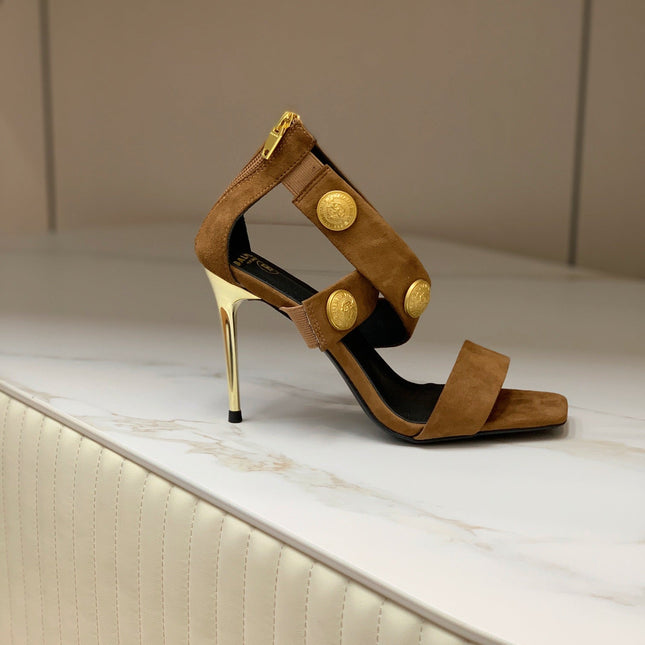 BALMAIN 25S CROSSOVER STRAP HIGH HEELS 95MM IN BROWN SUEDE