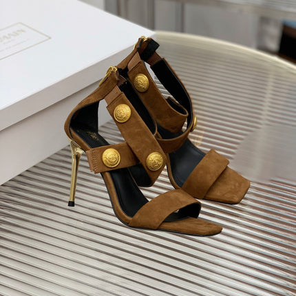 BALMAIN 25S CROSSOVER STRAP HIGH HEELS 95MM IN BROWN SUEDE