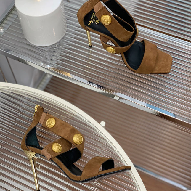 BALMAIN 25S CROSSOVER STRAP HIGH HEELS 95MM IN BROWN SUEDE