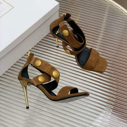 BALMAIN 25S CROSSOVER STRAP HIGH HEELS 95MM IN BROWN SUEDE