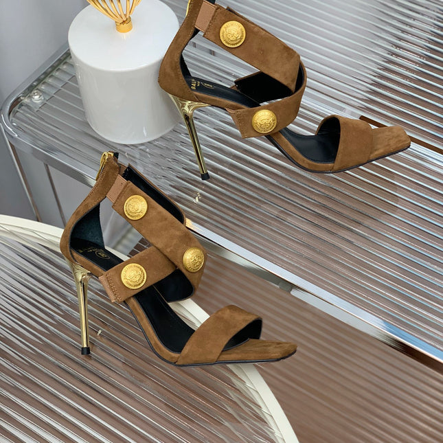 BALMAIN 25S CROSSOVER STRAP HIGH HEELS 95MM IN BROWN SUEDE