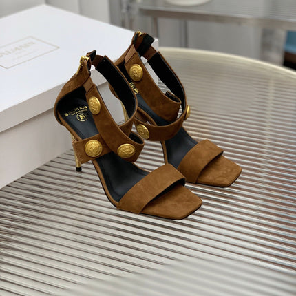 BALMAIN 25S CROSSOVER STRAP HIGH HEELS 95MM IN BROWN SUEDE