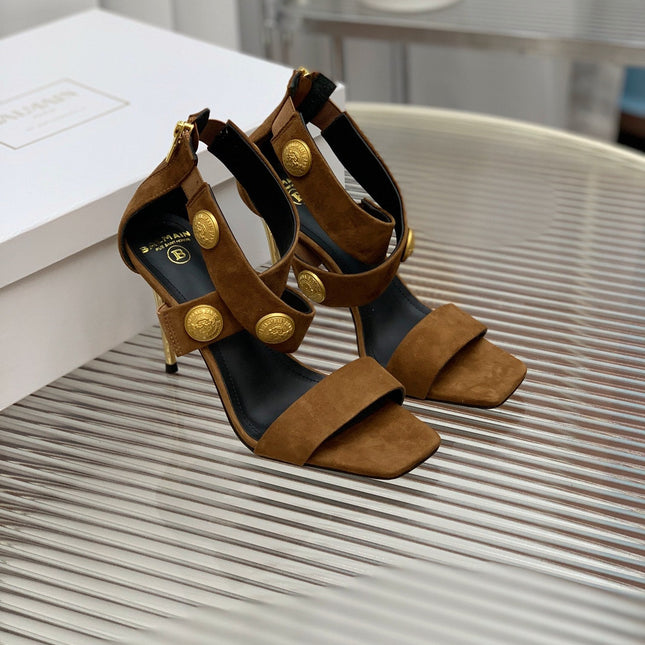 BALMAIN 25S CROSSOVER STRAP HIGH HEELS 95MM IN BROWN SUEDE