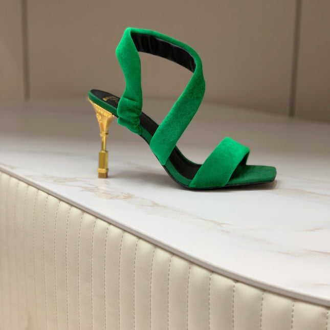 BALMAIN 25S MONETA HEELED SANDALS 95MM IN DARK GREEN VELVET