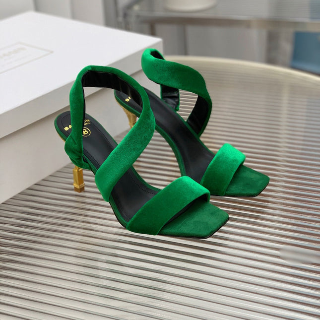 BALMAIN 25S MONETA HEELED SANDALS 95MM IN DARK GREEN VELVET