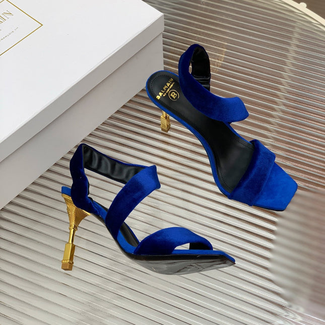 BALMAIN 25S MONETA HEELED SANDALS 95MM IN DARK BLUE VELVET