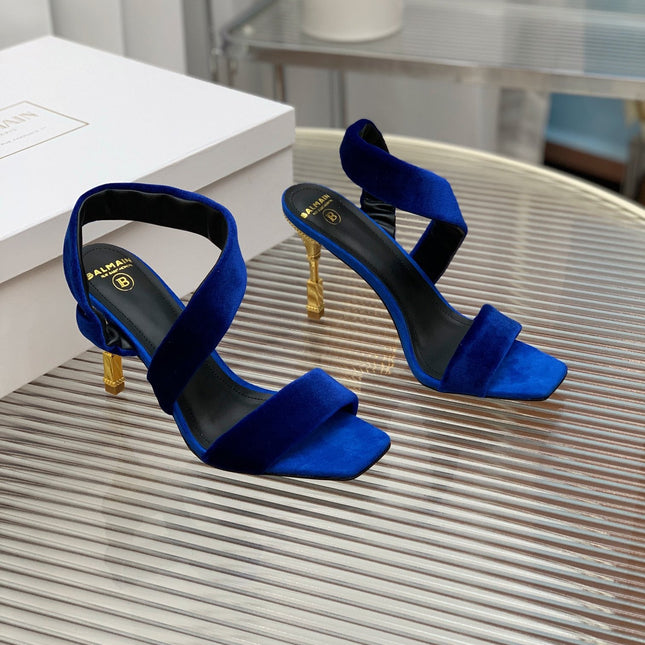 BALMAIN 25S MONETA HEELED SANDALS 95MM IN DARK BLUE VELVET