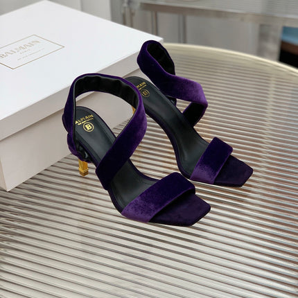 BALMAIN 25S MONETA HEELED SANDALS 95MM IN DEEP PURPLE VELVET