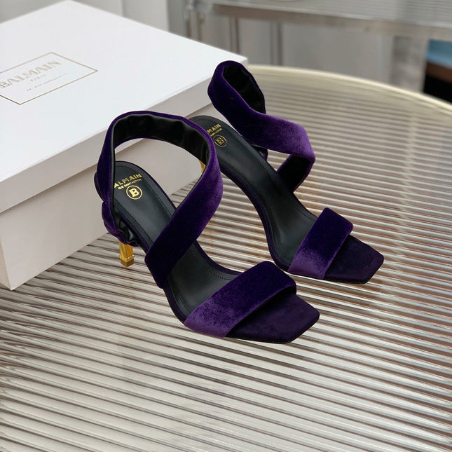 BALMAIN 25S MONETA HEELED SANDALS 95MM IN DEEP PURPLE VELVET