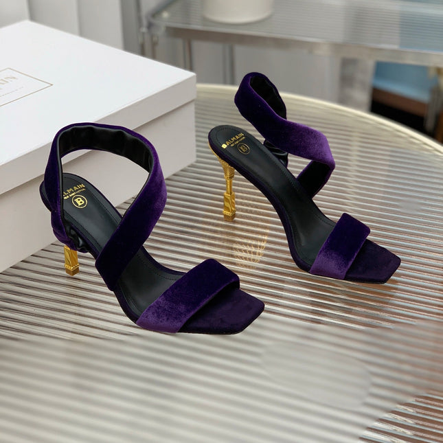 BALMAIN 25S MONETA HEELED SANDALS 95MM IN DEEP PURPLE VELVET