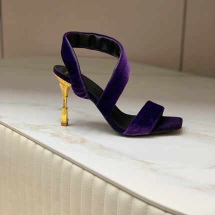 BALMAIN 25S MONETA HEELED SANDALS 95MM IN DEEP PURPLE VELVET