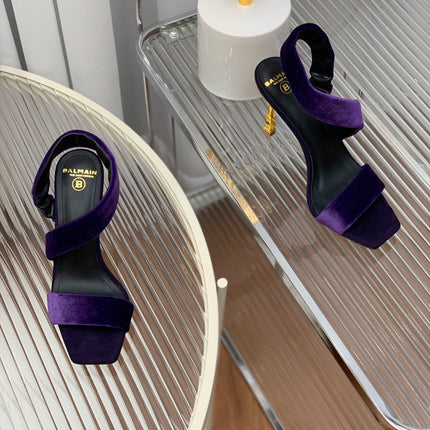 BALMAIN 25S MONETA HEELED SANDALS 95MM IN DEEP PURPLE VELVET