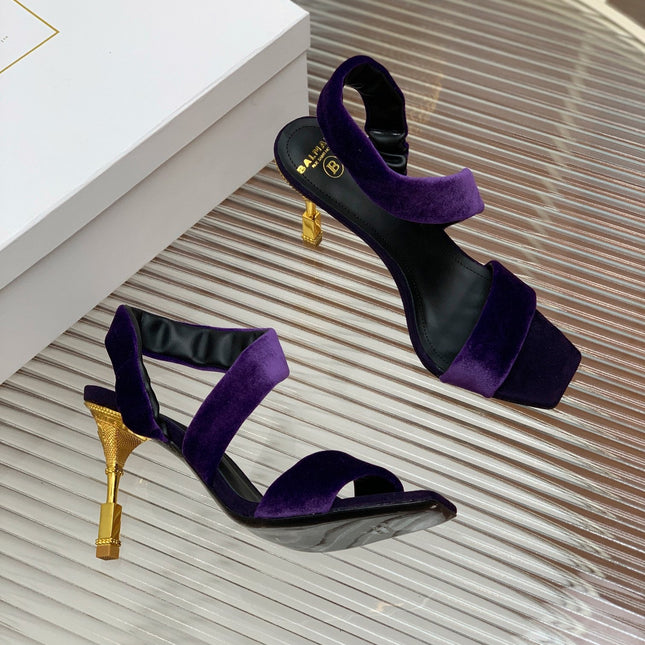 BALMAIN 25S MONETA HEELED SANDALS 95MM IN DEEP PURPLE VELVET