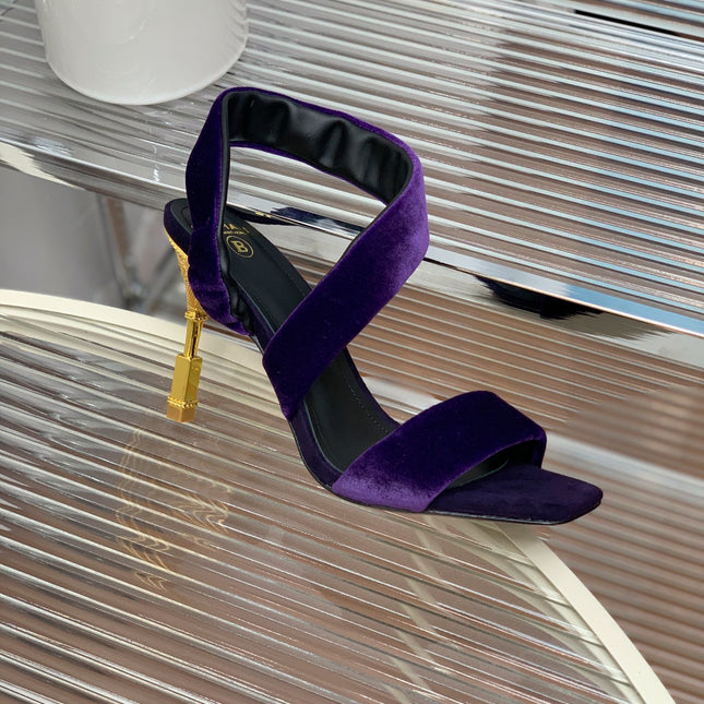 BALMAIN 25S MONETA HEELED SANDALS 95MM IN DEEP PURPLE VELVET