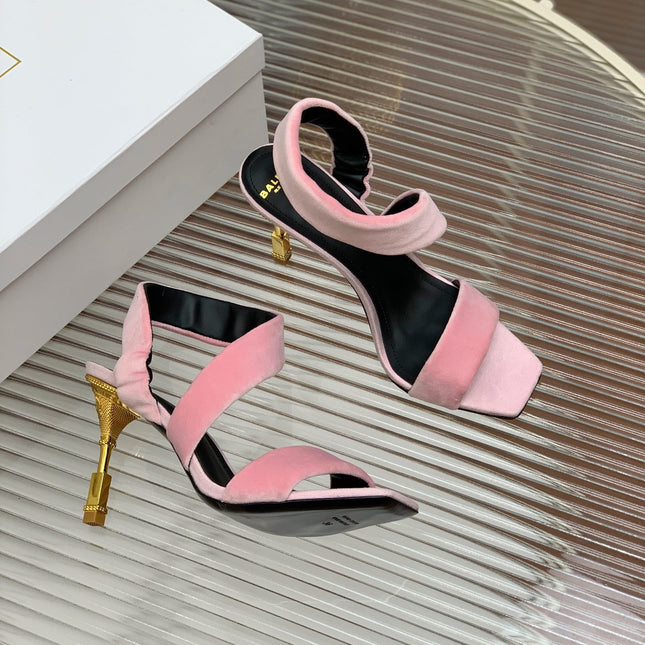 BALMAIN 25S MONETA HEELED SANDALS 95MM IN BABY PINK VELVET