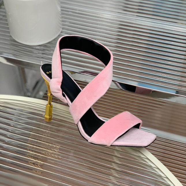 BALMAIN 25S MONETA HEELED SANDALS 95MM IN BABY PINK VELVET