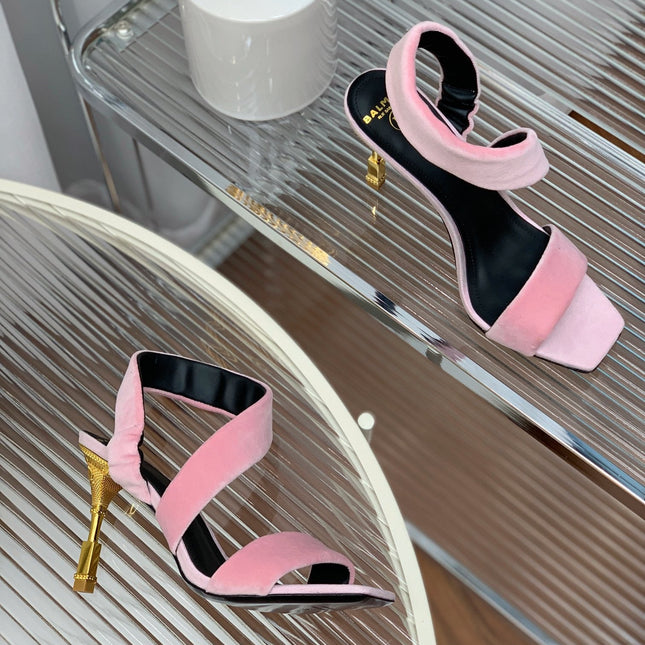 BALMAIN 25S MONETA HEELED SANDALS 95MM IN BABY PINK VELVET