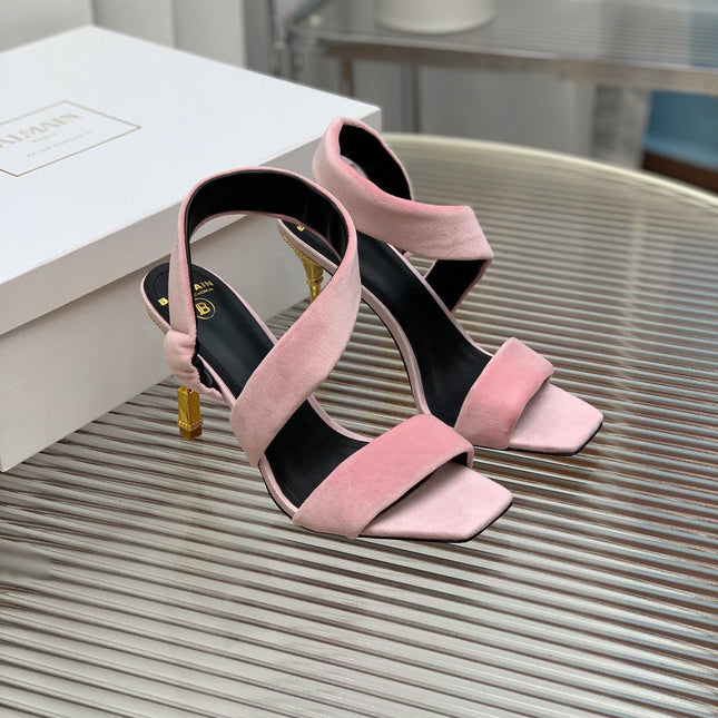 BALMAIN 25S MONETA HEELED SANDALS 95MM IN BABY PINK VELVET
