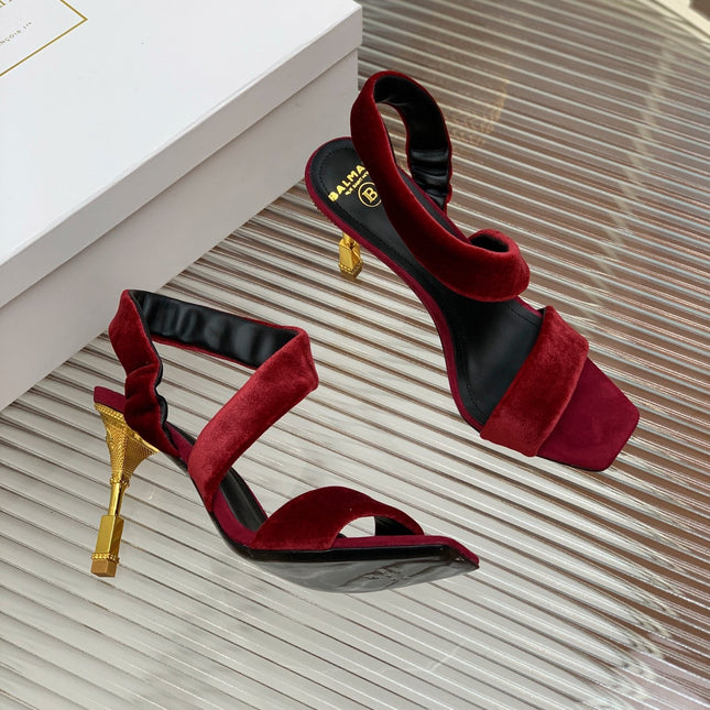 BALMAIN 25S MONETA HEELED SANDALS 95MM IN DARK CRIMSON VELVET