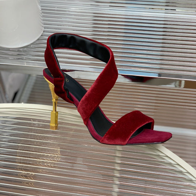 BALMAIN 25S MONETA HEELED SANDALS 95MM IN DARK CRIMSON VELVET