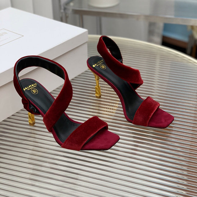 BALMAIN 25S MONETA HEELED SANDALS 95MM IN DARK CRIMSON VELVET