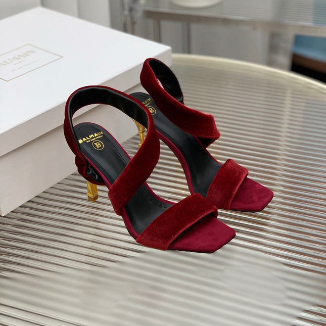 BALMAIN 25S MONETA HEELED SANDALS 95MM IN DARK CRIMSON VELVET