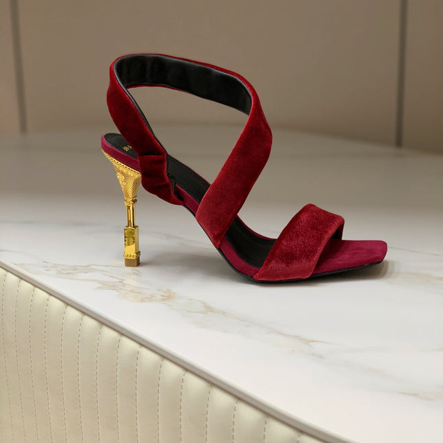 BALMAIN 25S MONETA HEELED SANDALS 95MM IN DARK CRIMSON VELVET