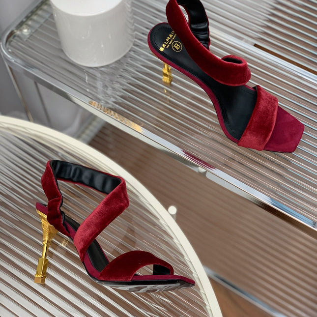 BALMAIN 25S MONETA HEELED SANDALS 95MM IN DARK CRIMSON VELVET