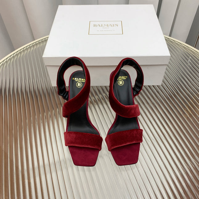 BALMAIN 25S MONETA HEELED SANDALS 95MM IN DARK CRIMSON VELVET