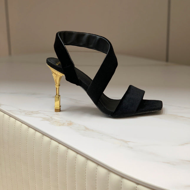 BALMAIN 25S MONETA HEELED SANDALS 95MM IN BLACK VELVET