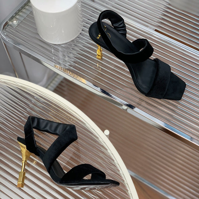 BALMAIN 25S MONETA HEELED SANDALS 95MM IN BLACK VELVET